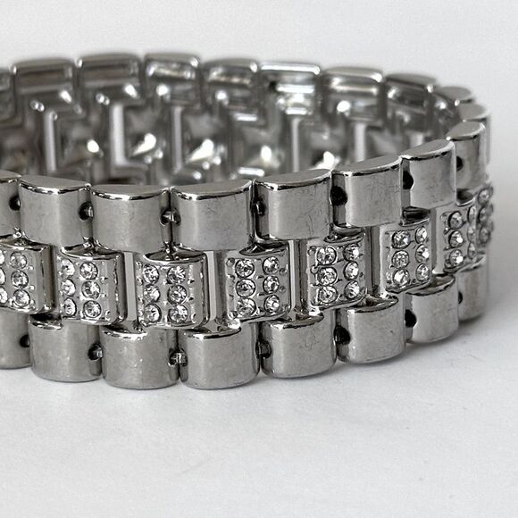 Silver-tone band stretch bracelet with CZ accents.  8.5” circumference - Picture 4 of 9